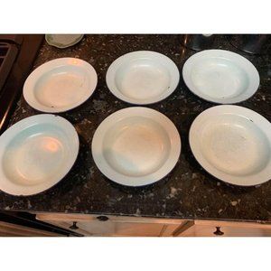 Vintage lot of 6 Bumper Harvest enamel breakfast bowls, farmhouse lot